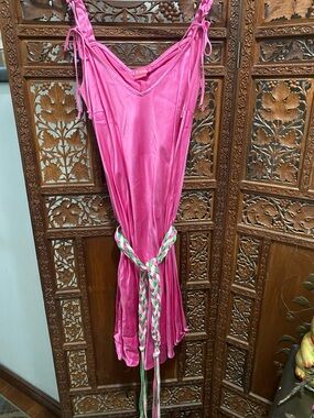BCBGirls Bright Pink Satin Slip Dress with Braided Waist Tie
